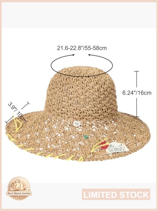 Handmade Woven Straw Bucket Hat Wide Brim with Patch UV Protection